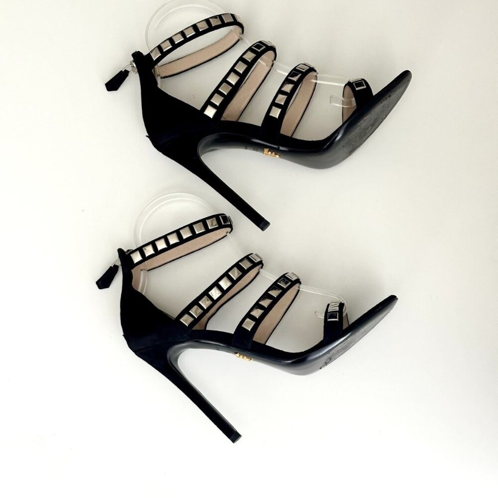PRADA Black Suede Silver Studded Strappy Sandals Heels Size 38.5 (US 8.5) - Picture 5 of 11